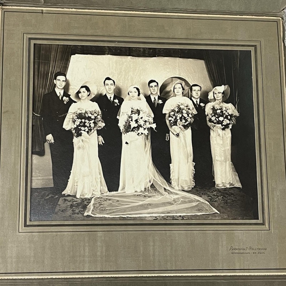 Large Vintage Wedding Photo in Folding Cabinet Card Party w Bridesmaids 1940s